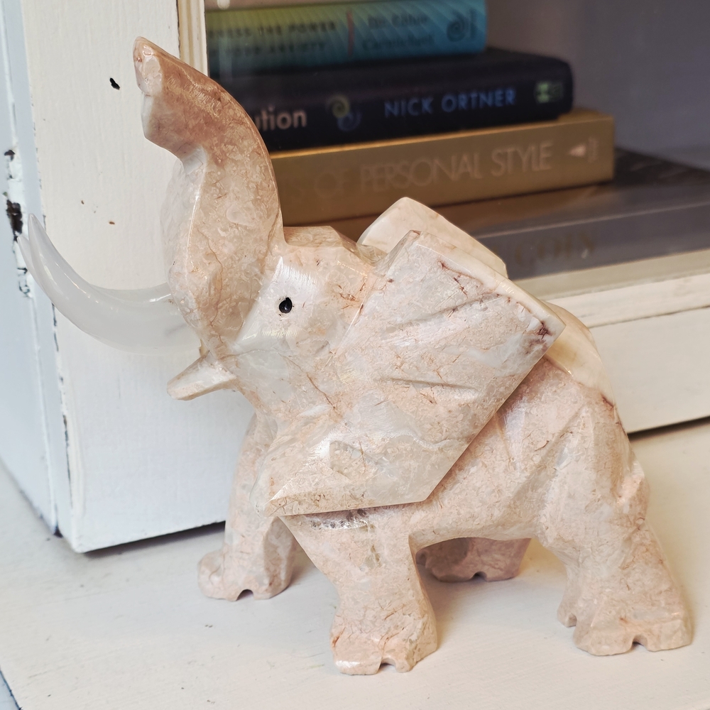 Vintage Handcarved Pink Marble Elegant Elephant Sculpture